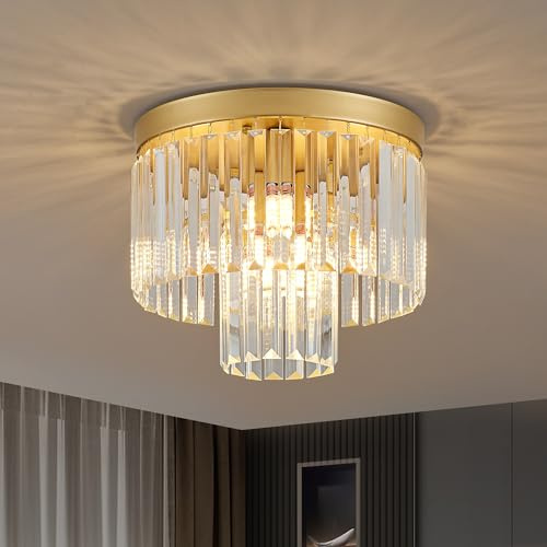Faibra 12.6 Gold Crystal Modern Crystal Ceiling Light Fixture, 2-Tier Luxury K9 Crystal, for Dining Room, Kitchen, Island, Living Room, Bedroom