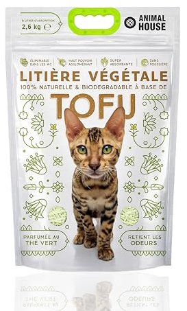 Animal House Arena Natural al Tofu, Segura para Humanos y Animales, no se Raya, Antipolvo, perfumada con té Verde, retiene los olores sin Molestar a los felinos, 2,6 kg