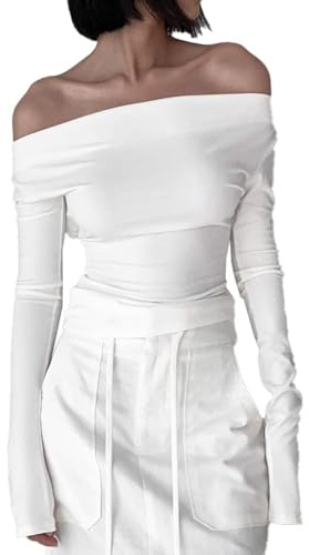 EMOTTOS Tops de Encaje Sexy para Mujer, Crop Top de Manga Larga con Escote Swing, Camisa Larga con Encaje sin Hombros, Camiseta Y2K (Negro/Blanco, S-XL)
