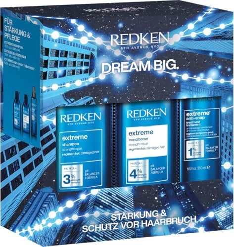 Redken Pflegeset mit.Shampoo 300ml, Conditioner 300ml & Anti-Snap Spray 250ml für sprödes und geschädigtes Haar, Anti Haarbruch, Mit Interlock Protein Network, Extreme