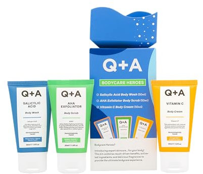 Coffret-Cadeau Q+A Bodycare Heroes - Routine de Soins en 3 Étapes : Gel Douche à l'Acide Salicylique, Gommage Exfoliant AHA & Crème Corporelle Vitamine C, Format Voyage de 50ml Chacun, Exfolie