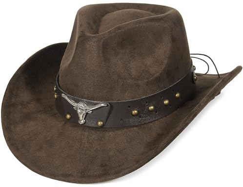 EOZY Suede Cowboy Hats for Men and Women Cowgirl Hat Roll Brim Adjustable Western Cowboy Hat with Leather Belt Coffee