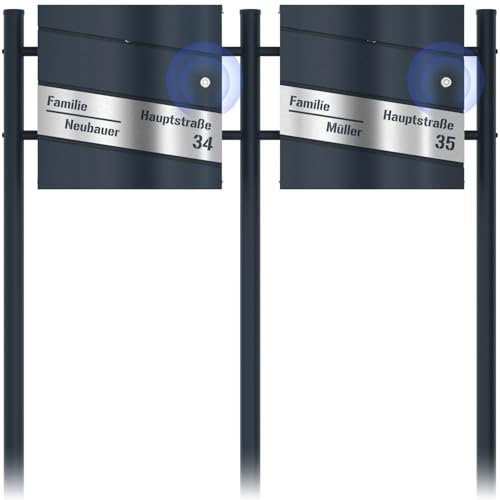 Buzón Doble Timbre inalámbrico con Soporte buzón en Antracita RAL 7016 - Buzón Diagonal Cortado con láser Personalizado Acero Inoxidable - Buzón con Cerradura Diseño 1