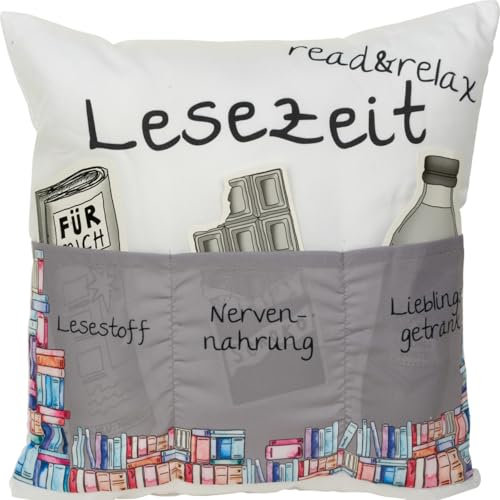 itenga Kissen aus Stoff - Dekokissen mit 3 Taschen zum Befüllen 43x43cm mit Motiv (Motiv Lesekissen)