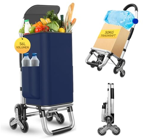 Einkaufstrolley Klappbar mit 56L Kapazität und Belastbar bis 50kg, 2 in 1 Multifunktions Mutige Aluminium Einkaufstrolley Treppensteiger, Abnehmbare Tasche mit 6 Edelstahlrädern, Wasserdicht