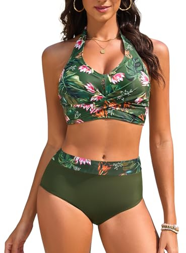 Nadeer Dam 2-delad baddräkt hög midja tvådelad push up sexiga halter rygglös bikini set plusstorlek leopard badkläder badkläder strandkläder, Grön blomma, M