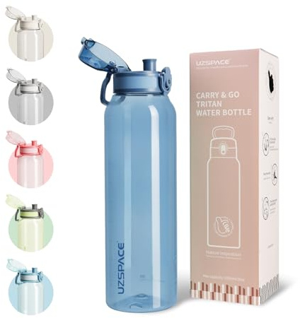 UZSPACE Water Bottle 1l with Handle - BPA Free Drinking Bottles for Adults - Clear Water Bottle with Capacity Scale - Leakproof Gym Bottles - Ideal for Sports or Fitness & Outdoors Slate Blue
