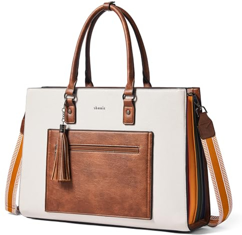 Shrrie Bolsa para laptop de 16 pulgadas para mujer, moderno bolso de diseño de arco iris, bolsa de cuero impermeable bolso vintage para portátil, Beige Con Marrón