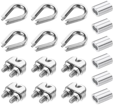 PATIKIL 18 st M3 304 rostfritt stål vajer kit, vajer kabelklämma, rör kaus och krympögla för 1/8 tum vajer kabel kaus och silver