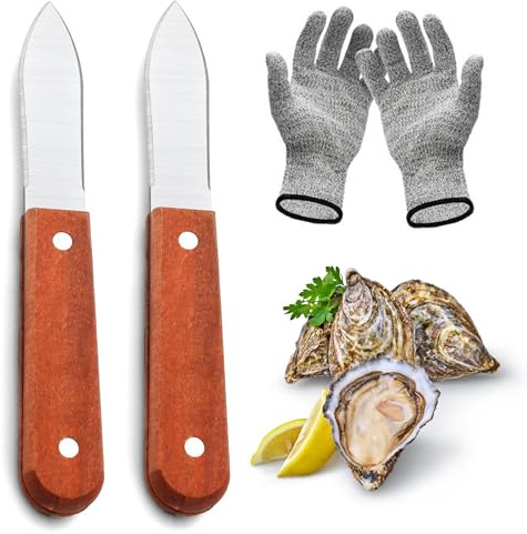BEWOS 6,8 Zoll/17,3 cm Scharfes Austernmesser-set, 2-teilig–mit hochwertigem Holzgriff, 4-teiligen Schnittfeste Austernhandschuh, geeignet für alle Arten von Schalen und zum Öffnen von Austern