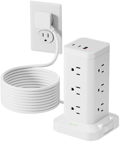 Power Strip Tower with Surge Protector 1800J, Fast Charging Tower PD20W USB-C Ports with 12 AC Outlets, 10ft Extension Cord for Home Office Dorm Room, White