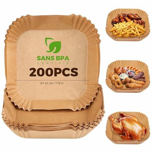 Papier Cuisson Air Fryer,200 Pièces 20×20cm Cuisson Paper Liner,Food-Grade BPA Gratuit,Jetable Antiadhésive Sans Huile Papier Parchemin,pour Friteuse Sans Huile 5 à 8 Litres
