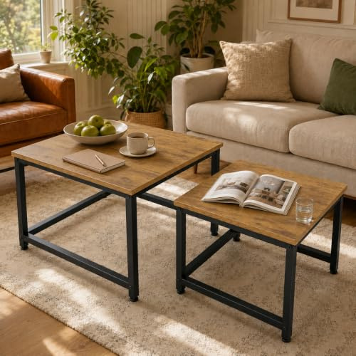 Hawthyhome Square Coffee Tables, Nesting Coffee Table Set of 2, Modern Side Tables with Metal Frame, Industrial Stacking End Tables for Living Room Bedroom Office, 60 * 60 * 45cm, Brown