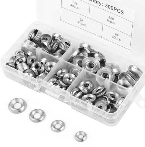 Nexlynk 300Pcs Stainless Steel Countersunk Washers Set 304 Stainless Steel Finishing Cup Washers for Screws #6#8#10#12 Flat Head Screw Washer Assortment for Woodworking DIY Furniture Repair