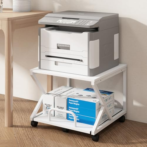 PUNCIA Support Imprimante 2 Niveaux, Tablette Coulissante (Blanc 50x50 cm) | Support pour Etagère Table Imprimante en Bois Meuble de Rangement Solide et Durable Scanner Fax pour Bureau à Domicile