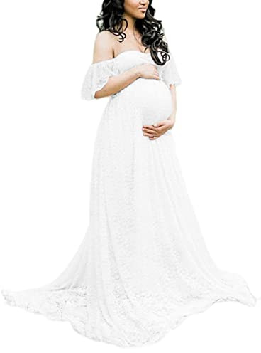 ZIUMUDY Photography Maternity Dress Off Shoulder Lace Baby Shower Pregnant Wedding Dress (White, X-Large)