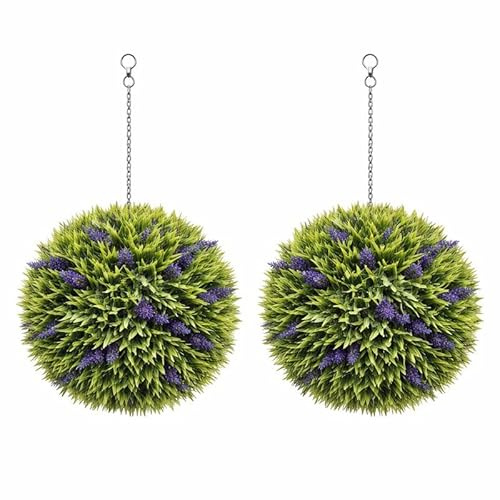 Metro Garden® Set of 2 Artificial Lavender Topiary Balls 30cm, UV Resistant Hanging Faux Lavender Plants with Chains, Indoor & Outdoor Decorative Garden Topiary