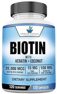American Standard Supplements Biotin 20,000mcg with Keratin, Coconut Powder and Zinc, Biotin Supplement for Women and Men,120 Veggie Capsules, 120 Day Supply