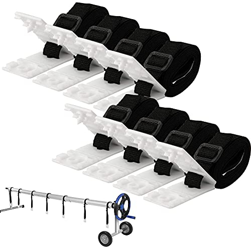 Pool Solar Cover Reel Attachment Kit, Swimming Pool Cover Roller Attachment Straps Gear Belt Kit for Ground Pool Including 8 Adhesive Nylon Straps and Tabs, 8 Cord Plates, 8 Buckles