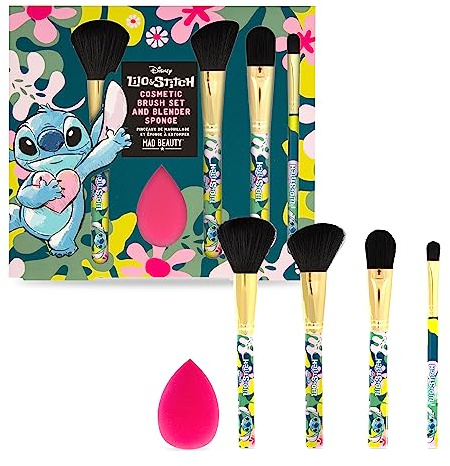 Lilo & Stitch Make Up Brushes Set with Blender Sponge Disney | MAD Beauty | Cute & Self-Care Gifts for fans, 4 Brushes