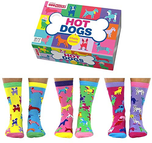 United Oddsocks Hot Dogs Gift Box – 6 Poochy Themed Oddsocks for Women – UK 4-8, EUR 37-42, US 6.5-10.5 – Colourful Dog Socks Gift Set, Cotton Rich, Crew Length, Perfect for Animal Lovers & Sock Fans