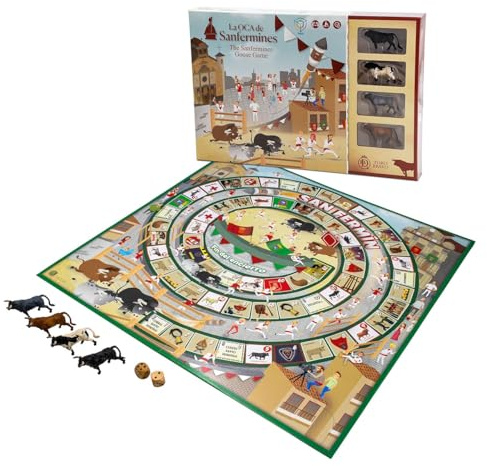 DEQUBE- Juego de la Oca de San Fermín – Incluye 4 Mini toros de Collecta y Dados de Madera – Dimensiones Tablero 50X50cm (DeQube 924D00180)
