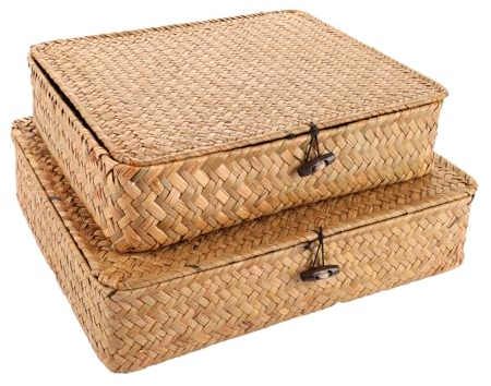 APACALI 2PCS Seagrass Cesta Vimini con Coperchio Cestini Portaoggetti Naturale, Contenitori in vimini intrecciato con coperchio, (Grande 33cm+ Piccolo 28cm)