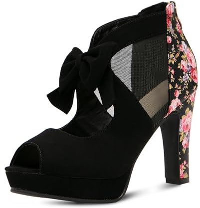 GATUXUS Open Toe Women Platform High Heel Shoes Bows Strappy Sandals (US 7, Black Flower)