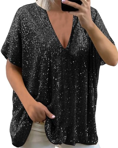 Onsoyours Donna Camicetta Manica Lunga Sexy Top con Glitter Cime Aderente con Scollo A V in Pelle A Nero 56