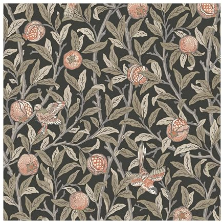Papier peint intissé William Morris Bird & Pomegranate Charcoal 1005 x 52cm Gris | Revêtement Mural, Tapisserie | Ambiance Facile à poser et à enlever