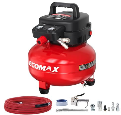 ECOMAX Air Compressor 6 Gallon 150 PSI Pancake Portable Oil-free Tank with 10 PCS Accessories Kit