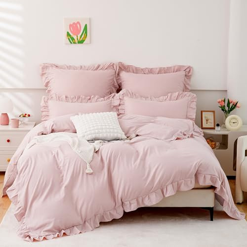 TOCOMOA Rüschen Bettwäsche 135x200 Mädchen, Aesthetic Bettwäsche-Sets Mikrofaser, Öko-Tex Zertifiziert, Weich Rosa Bettbezug mit Reißverschluss, Kopfkissenbezug 80x80cm