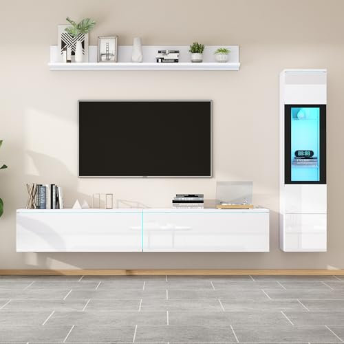 Juego de TV 3 paredes LED brillante, muebles salón, pared blanca, armario TV, vitrina, estante colgante, blanco, 180x33x30 cm
