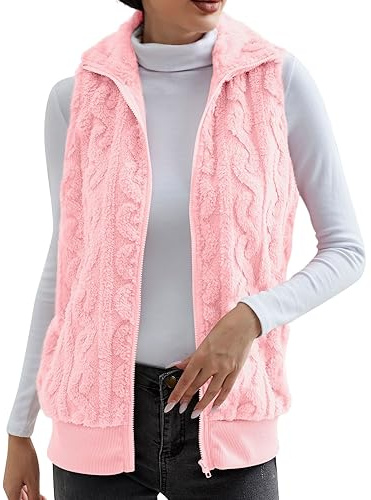Chaleco de forro polar para mujer, chaleco resistente al viento con cremallera, chaleco doble grueso con cuello alto, chaleco sin mangas para mujer, rosa, L