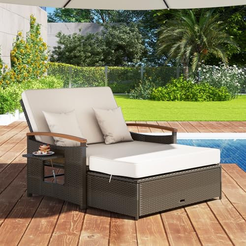 GIANTEX Rattan Lounge Möbel Outdoor, Gartenlounge 2 Sitzer mit Liegefunktion, Balkon Lounge Set Gartensofa mit Hocker, Doppelliege 2 Personen, Garten Lounge Platzsparend mit Stauraum