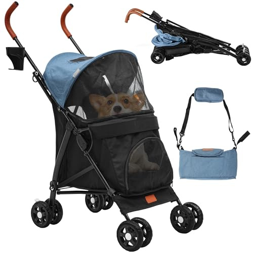 DWVO Poussette pour chien et chat jusqu'à 11,3 kg - Pliable - Avec coussin - Panier de rangement - 45,7 x 83 x 114 cm - Bleu noir