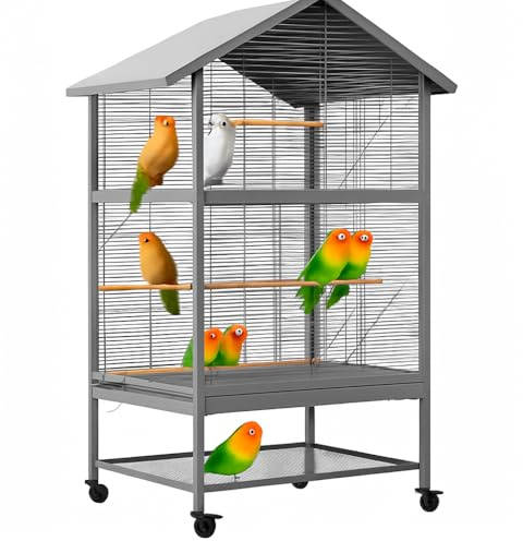Jaula grande para pájaros, 166 cm, dispensador de comida de metal con ruedas, jaula de vuelo con 4 comederos de metal, perchas de madera y estante