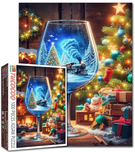Jigsaw Puzzles 1000 Pieces for Adults-Christmas Scene Hardboard Puzzle-Challenging Puzzle Perfect for Game Nights-DIY Home Wall Decor-Snowflakes -Christmas Train Wine Glasses Art Puzzle 27 x 20