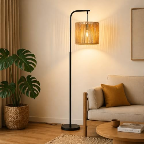 Lichtmaler Boho golvlampa för vardagsrum - Vardagsrumslampa med svart repskärm, stående lampa E27 1 ljuskälla modern båglampa med fotpedal, 164 cm hög, för sovrum, terrass, kontor (glödlampa ingår ej)