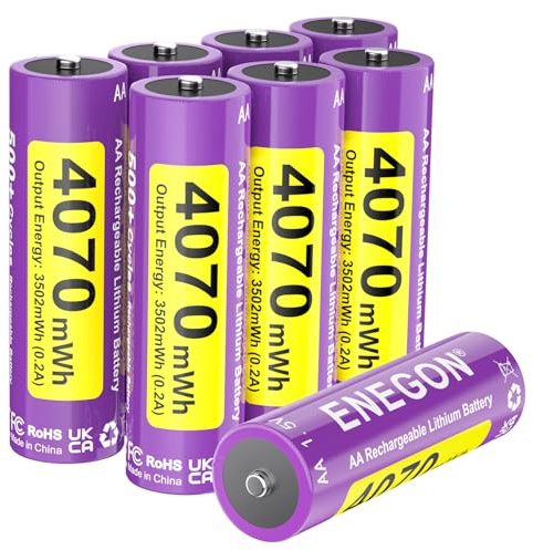 ENEGON – Confezione da 8 pile AA ricaricabili al litio 4070 mWh 1,5 V, ricaricabili esclusivamente con caricabatterie specifico per litio. Elevate prestazioni per controller di gioco, (viola)