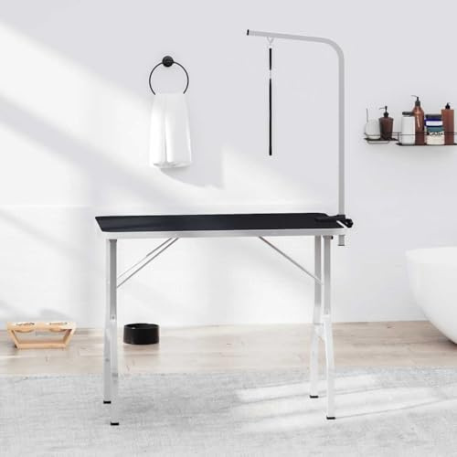 QUAHEAS Tavolo da toelettatura regolabile per cani e gatti, con barra in acciaio inox e 1 passante, 110 x 60 x 76 cm, pieghevole, gambe in acciaio stabile, ideale per toelettatura, spazzola, forbici