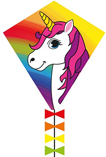 HQ Design Ecoline Eddy 50cm Kinderdrachen Flugdrachen Einleiner ab 5 Jahre, 50x45cm+2.5m Drachenschwanz inkl. 10kp Polyesterschnur 25m auf Griff, 2-5 Bft (Unicorn)