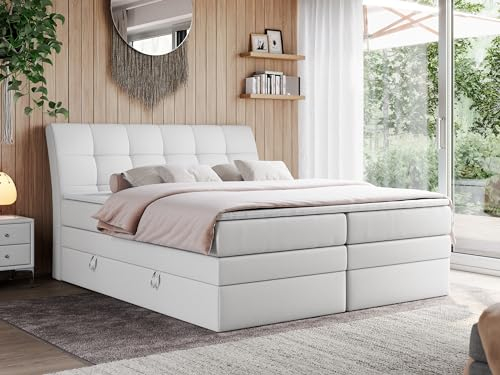 MKS MEBLE King Boxspringbett 180x200, Polsterbett 180x200 mit Bettkasten, Bett 180x200 mit Multipocket-Matratze H4, Boxspringbett 180x200 mit Kopfteil und Topper - H4 Weiß Kunstleder - Gold-10
