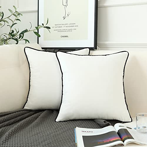 LIGICKY Set of 2 White Velvet Throw Pillow Covers Modern Minimalist Style Solid Decorative Black Rope Edging Soft Square Cushion Cases for Sofa Bedroom Party Décor, 18 x 18 inch