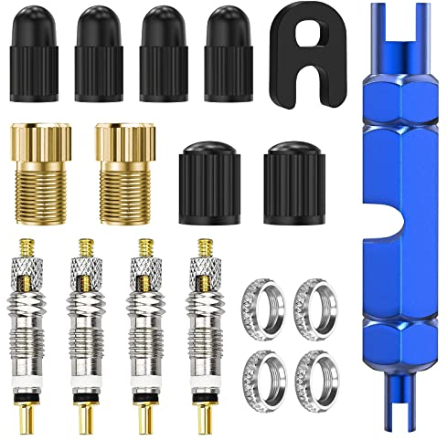 Flintronic 18-Teile Presta-Ventilkernset, Fahrradventil Adapter Set, Ventiladapter für Fahrradventileinsatz, Ventilschraube/Ventilschlüssel/Ventilschutzkappen, für Fahrräder und Mountainbikes