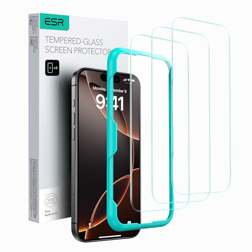 ESR Protector Pantalla para iPhone 16 Pro Max, 3 Unidades, Película Cristal Templado, Herramienta Instalación Fácil, Dureza 9H, Protección Grado Militar, Transparencia HD, Resistente a Arañazos