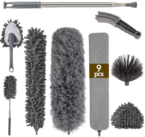 9 Pezzi Spolverino per Polvere, Lavabile in Microfibra per Pulizia Polvere, Cattura-Polvere Telescopico In Microfibre per Scopino Angolare per Soffitti, Ragnatele, Tapparelle, Microfibra, Tetti