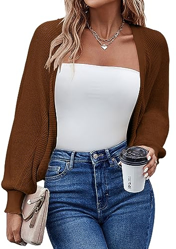 Hotouch Cardigan Donna Maglione Corto Cerniera Leggero Giacca in Maglia Elegante Golfino a Maniche Lunghe Aperta Casual per Autunno Invernale Matrimonio Bolero Marrone M