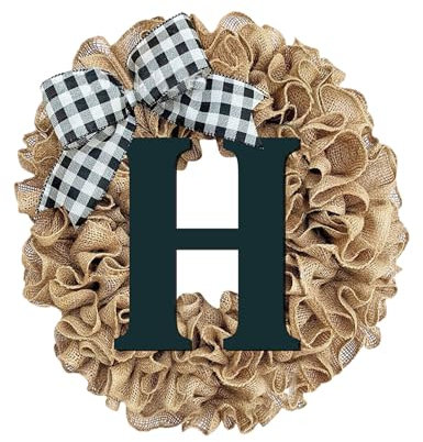 Ghirlanda di fiocchi in tela di iuta, lettere in metallo, nome di famiglia, tutto l'anno, tenda da porta, decorazione da appendere, moderna corona di eucalipto (C, taglia unica)