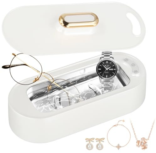 Limpiador ultrasónico, 400 ml, limpiador de joyas, 45000 Hz, limpiador ultrasónico, gafas profesionales de acero inoxidable, con 2 modos, para gafas, joyas, relojes de dientes, monedas, color blanco